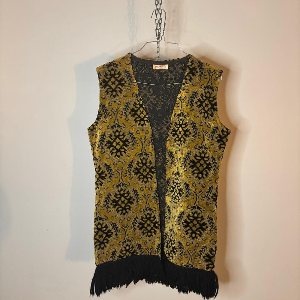 60’s Vintage Carpet Vest Mustard Yellow and Black with Fringe - Picture 10 of 12
